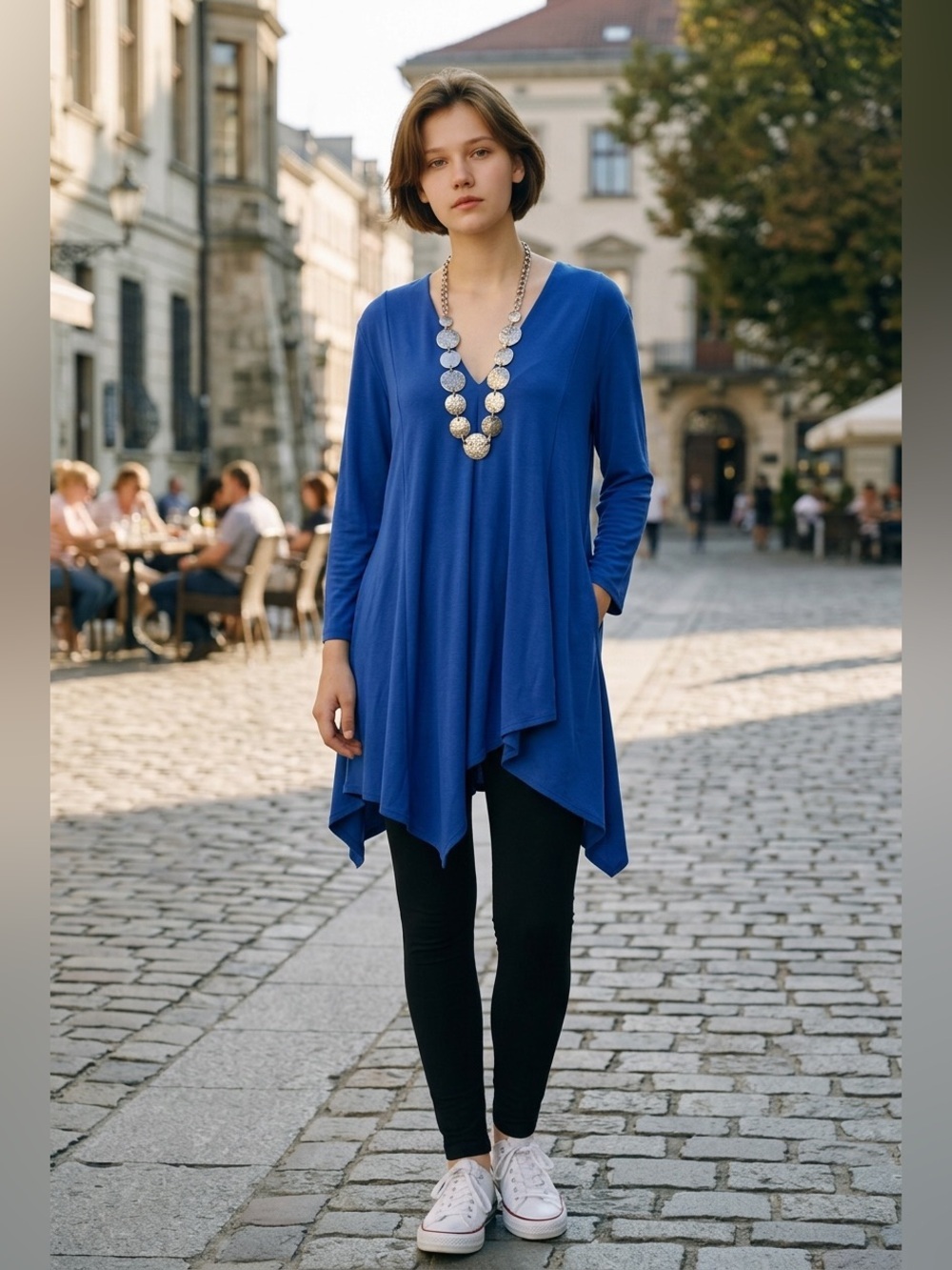 Joseph Ribkoff Royal Blue V-Neck Tunic Top Asymmetrical Hem Size 10